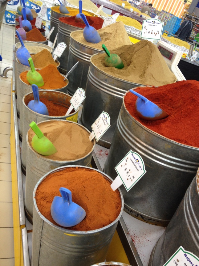 Colorful spice aisle in a Moroccan supermarket (not Carrefour but Marjane)